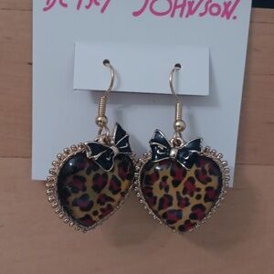 Betsey Johnson Leopard Heart Earrings with Black Bow